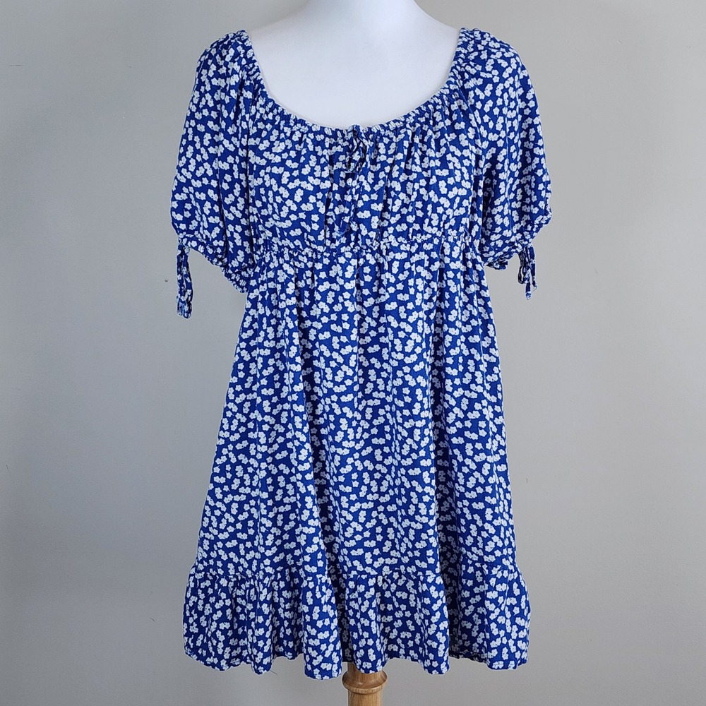 Floral Babydoll Dress Womens Large Blue White Pockets Ruffle Hem Mini Cottage